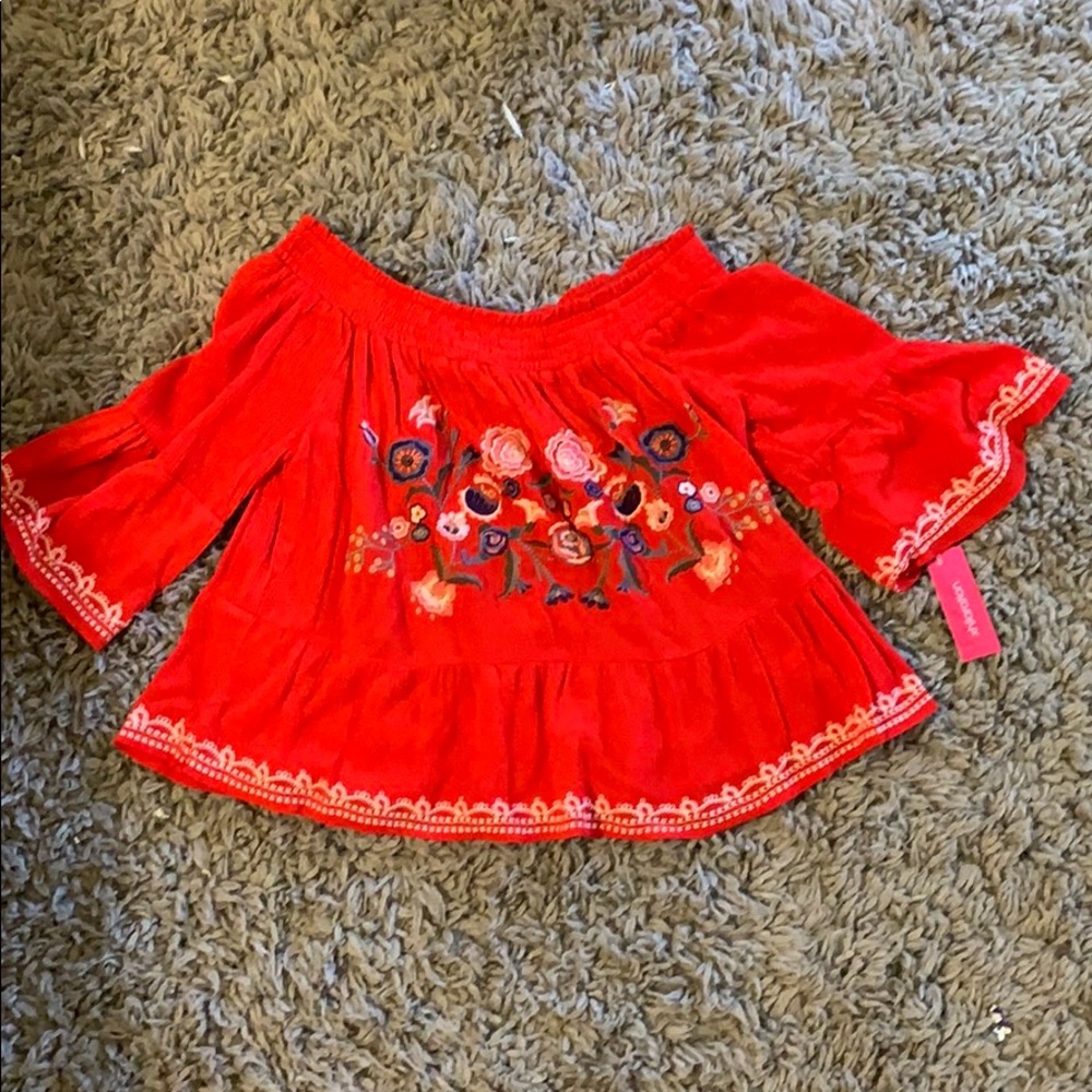 Red floral off the shoulder shirt